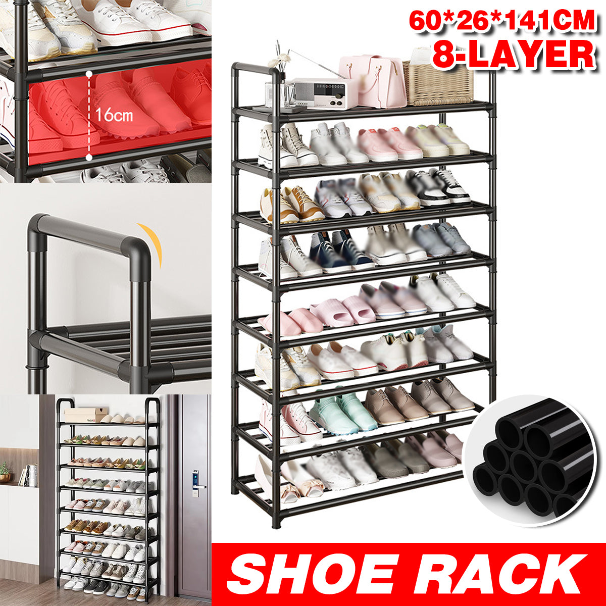 8 Tier Shoe Rack Large Capacity 24 Pair Tall Shoe Organizer Sturdy Storage AU