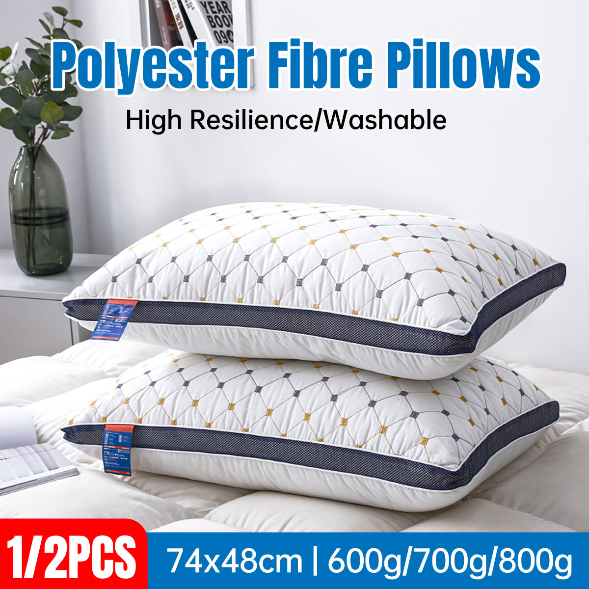 High Rebound Polyester Fibre Pillow 74x48cm Washable Bed Cushion