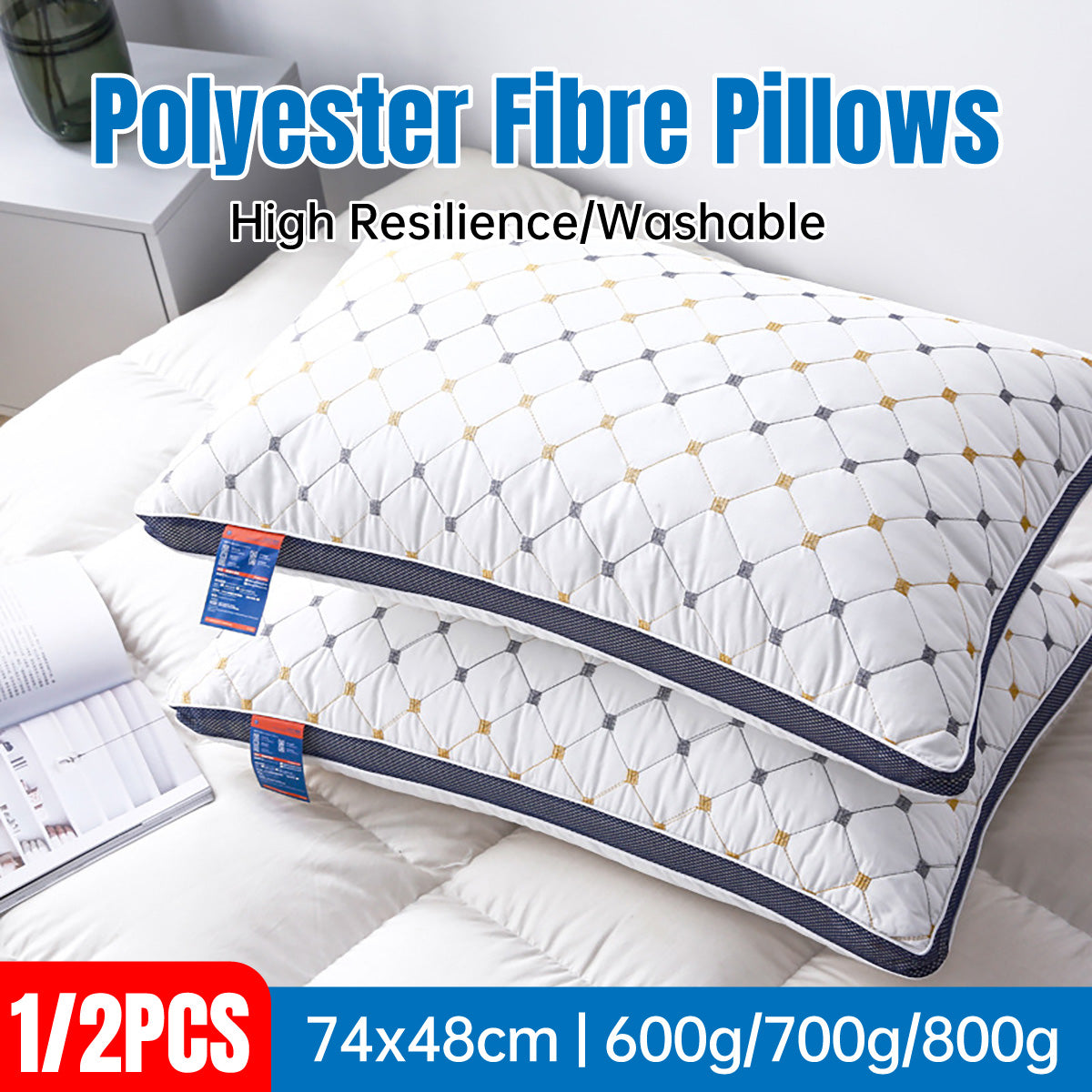 High Rebound Polyester Fibre Pillow 74x48cm Washable Bed Cushion
