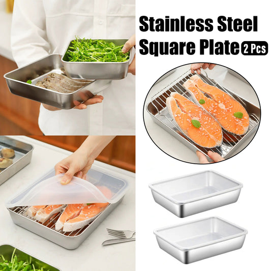 2PCS Stainless Steel Square Food Tray With Lid Rectangular Storage Box Plate AU