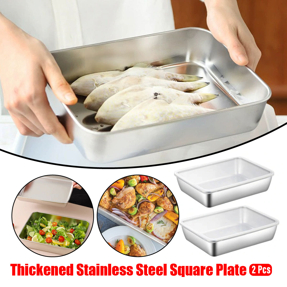 2PCS Stainless Steel Square Food Tray With Lid Rectangular Storage Box Plate AU