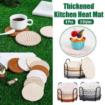 Round Cotton Woven Coaster Heat Resistant Dining Table Mat Set of 8