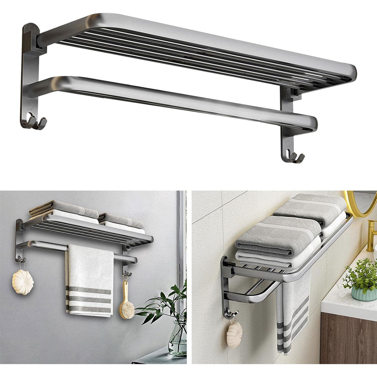 Grey Aluminum Towel Rack Punch-Free Bathroom Storage Towel Holder Home Organizer
