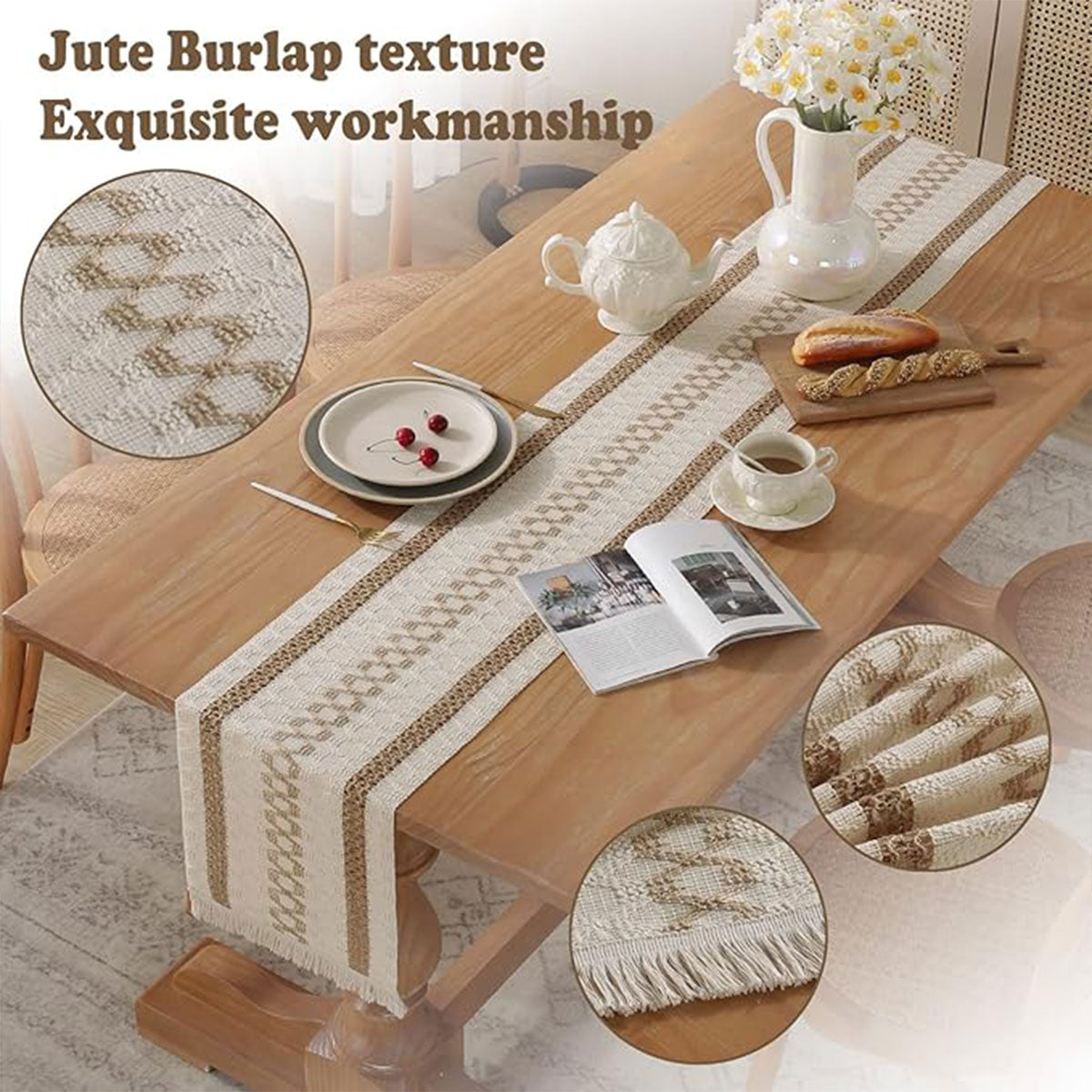 Cotton Linen Table Runner with Knot Tassel Bed End Towel Long Tablecloth Mat  AU