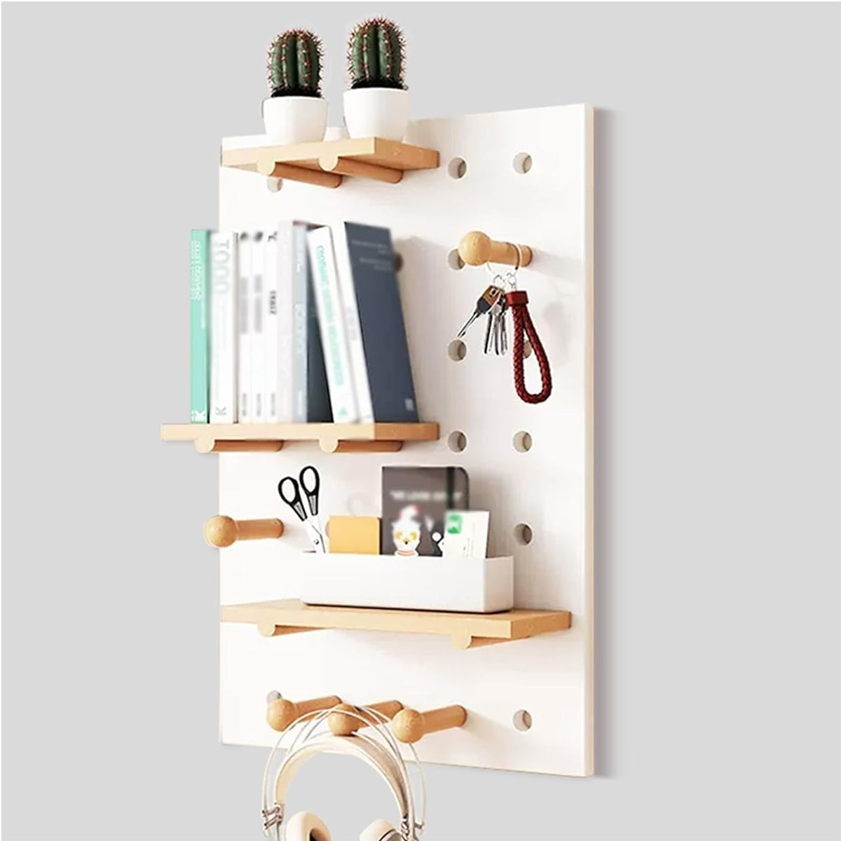 Wall Mounted Pegboard Shelf with Wooden Hooks – Product View 11