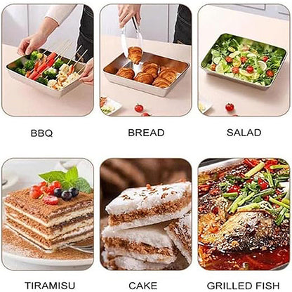 2PCS Stainless Steel Square Food Tray With Lid Rectangular Storage Box Plate AU
