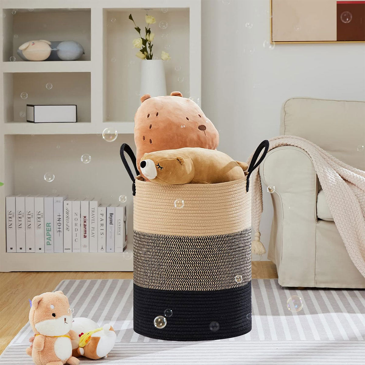Woven Cotton Rope Storage Basket Foldable Laundry Bin Bamboo Clothes Organizer
