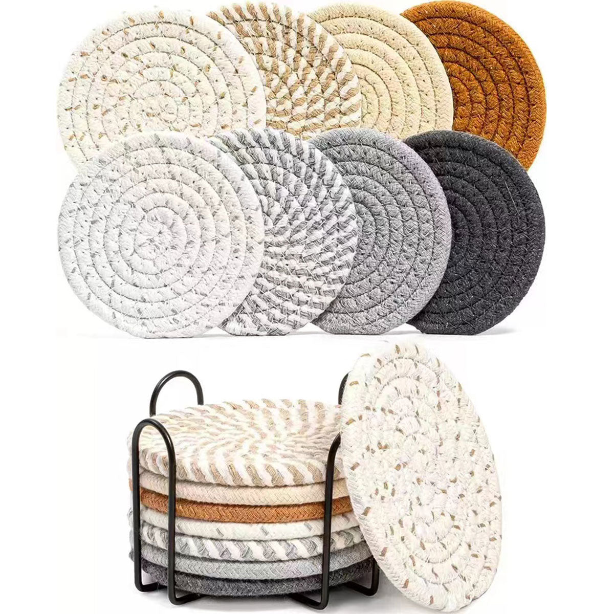 Round Cotton Woven Coaster Heat Resistant Dining Table Mat Set of 8