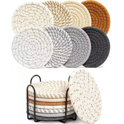 Round Cotton Woven Coaster Heat Resistant Dining Table Mat Set of 8