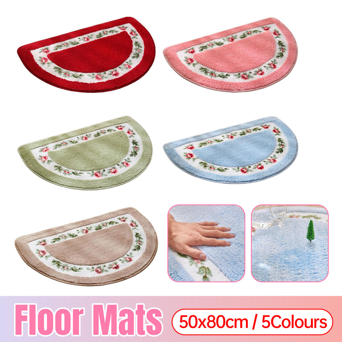 Non-Slip Floral Half-Round Entry Mat Washable 50x80cm
