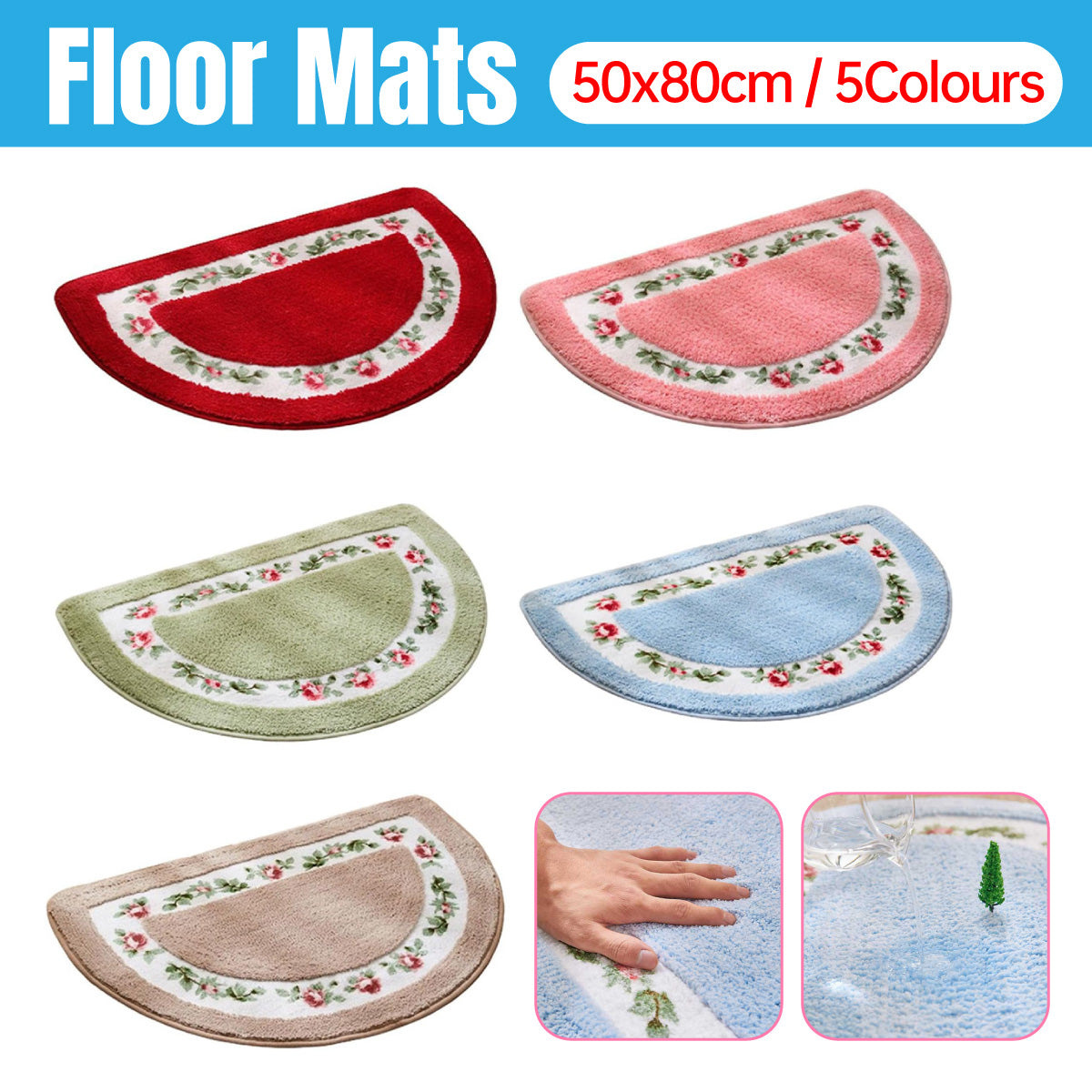 Non-Slip Floral Half-Round Entry Mat Washable 50x80cm