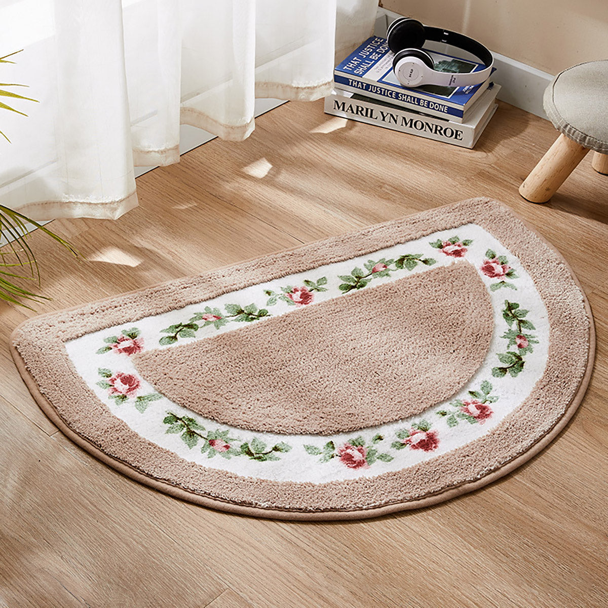 Non-Slip Floral Half-Round Entry Mat Washable 50x80cm