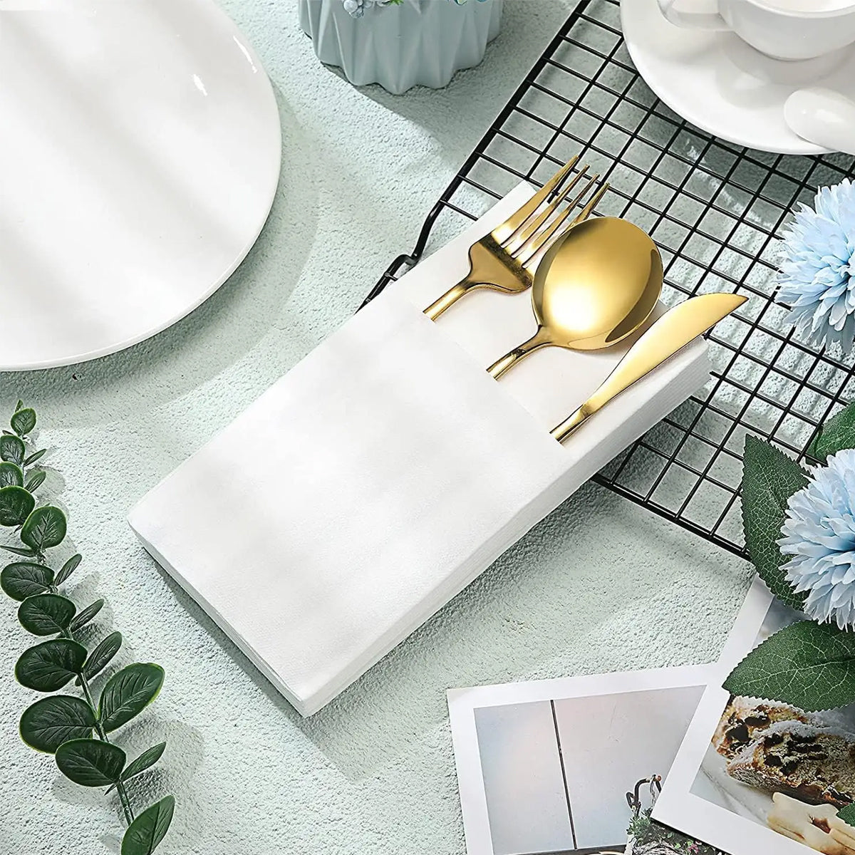 50/100PCS Disposable White Napkin Set Knife Fork Holder for Party Banquet Table