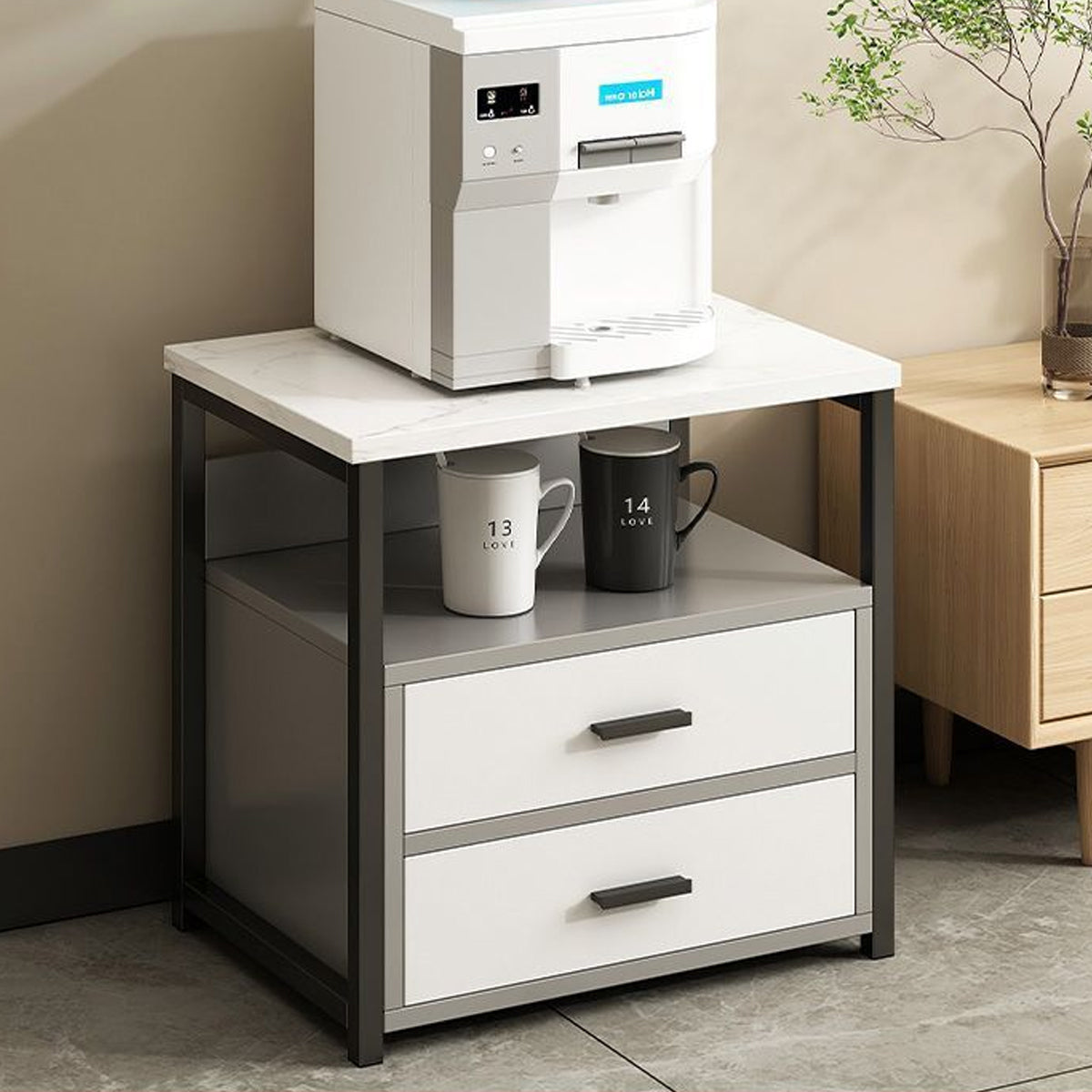 Marble-Look Bedside Table with Two Drawers Metal Frame