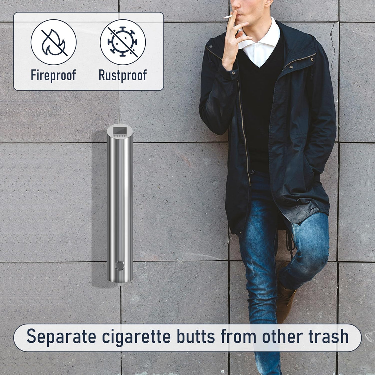 Wall Mounted Ashtray Stainless Steel 1.8L Floor Standing Vertical Trash Bin AU