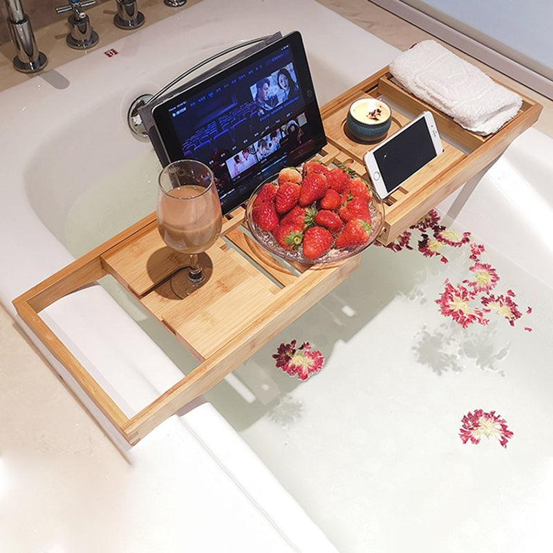 Expandable Bamboo Bath Caddy Tray with Book and Wine Holder