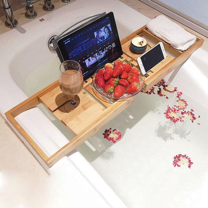 Expandable Bamboo Bath Caddy  Book iPhone Wineglass Holder Over Bathtub Rack AU