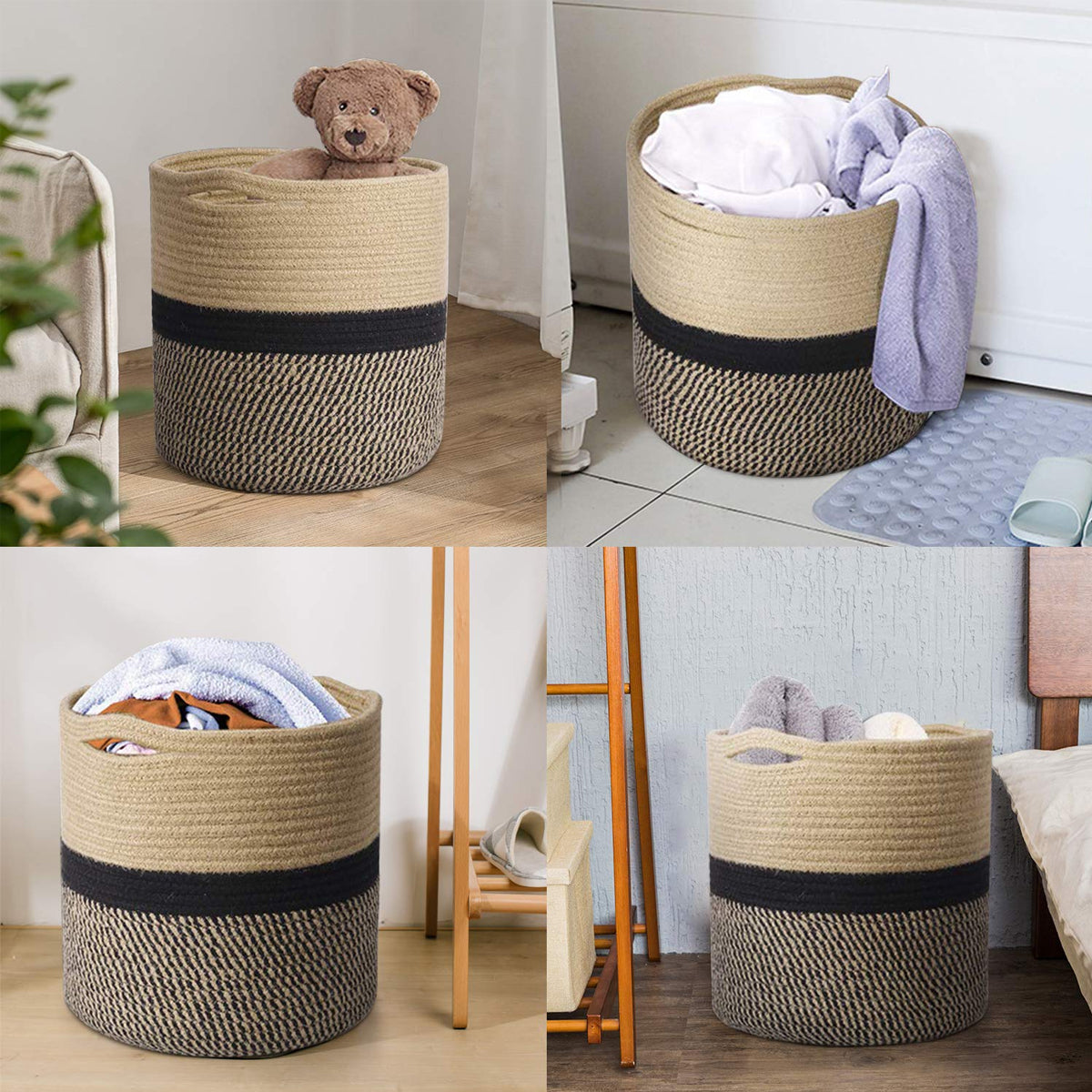 Woven Round Cotton Rope Laundry Basket for Home Storage Organization