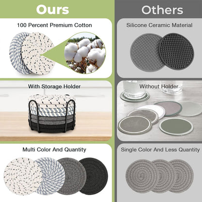 8pcs Woven Cotton Rope Coaster Set With Storage Rack for Coffee Tea