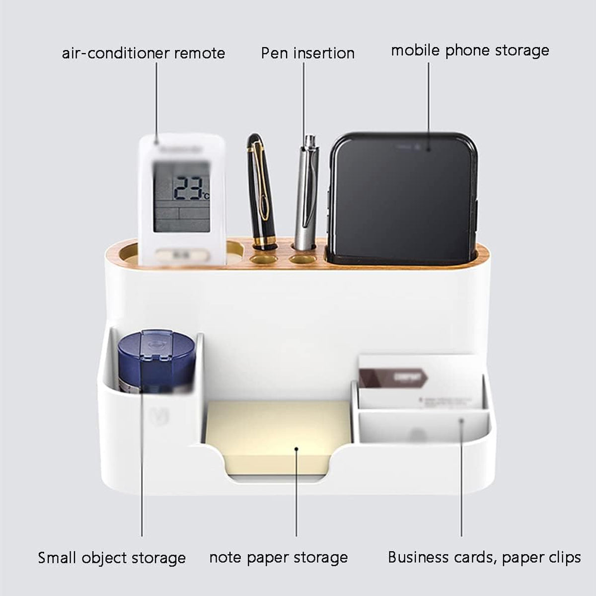 Office Organizer Pen Holder with Slots for Pens Phone Cards Remote Sticky Notes