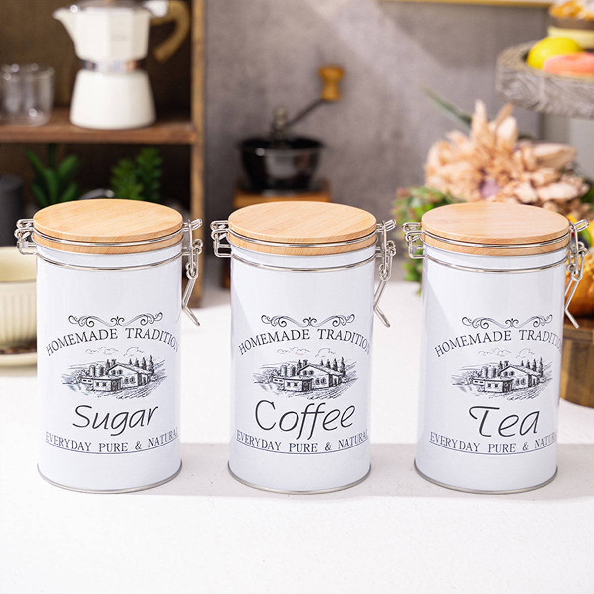 3PCS White Tinplate Coffee Tea Sugar Storage Jar Set Sealed Kitchen Counter AU