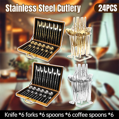 24PCS Stainless Steel Cutlery Set Knife Fork Spoon Set Durable Flatware Dining