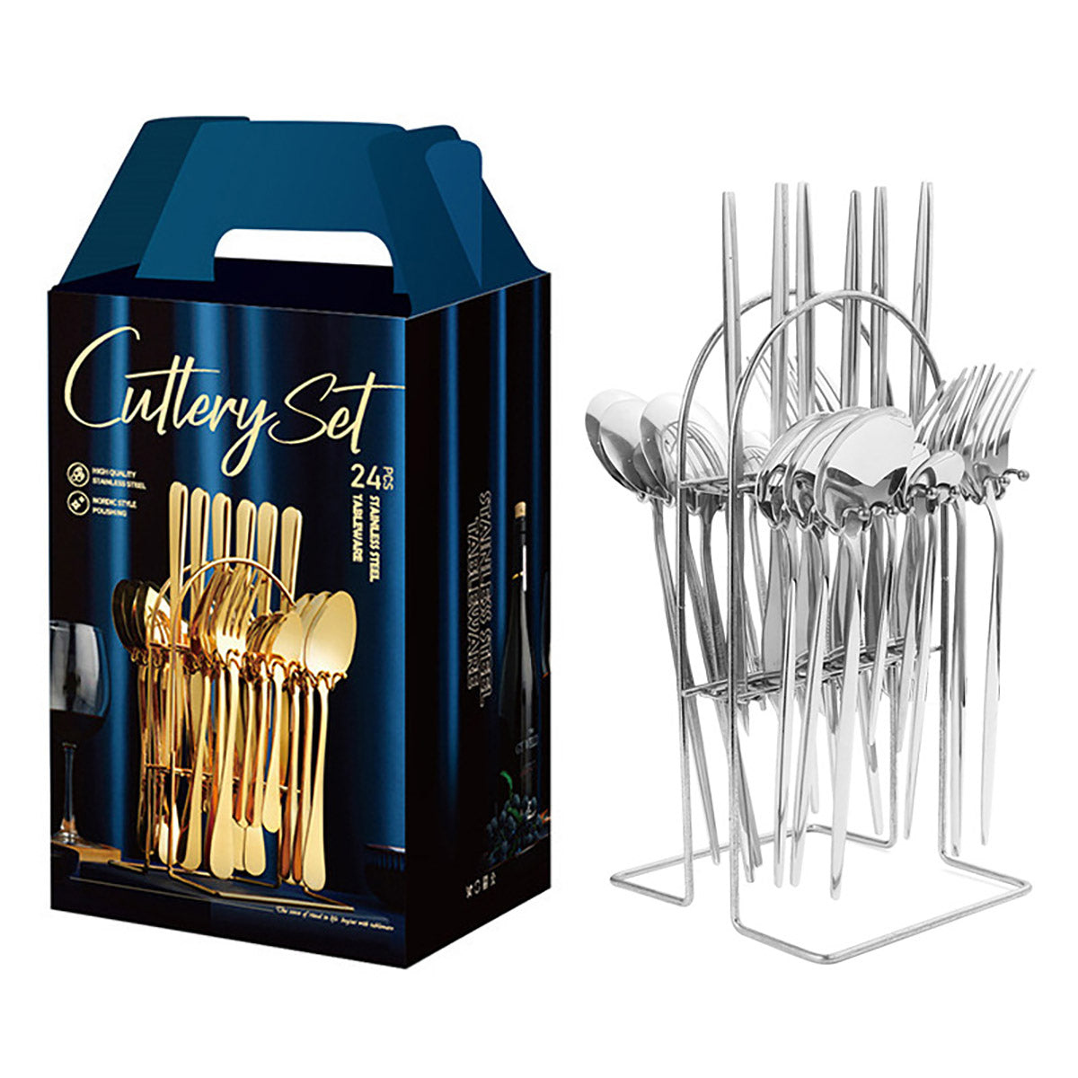 24PCS Stainless Steel Cutlery Set Knife Fork Spoon Set Durable Flatware Dining