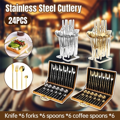 24PCS Stainless Steel Cutlery Set Knife Fork Spoon Set Durable Flatware Dining