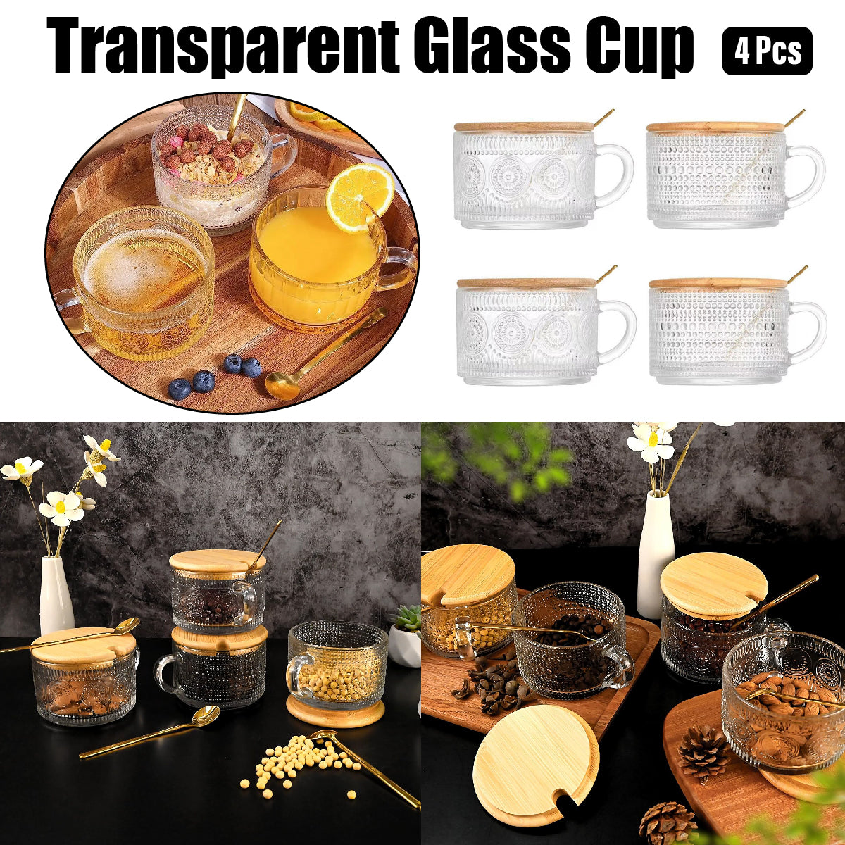 4PCS Vintage Embossed Glass Coffee Cups 14oz with Lid and Spoon for Tea Milk AU