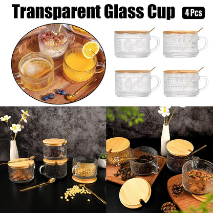 4PCS Vintage Embossed Glass Coffee Cups 14oz with Lid and Spoon for Tea Milk AU