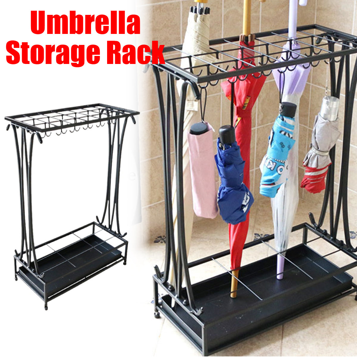 Wrought Iron Umbrella Storage Rack with Water Tray 50x24x70cm