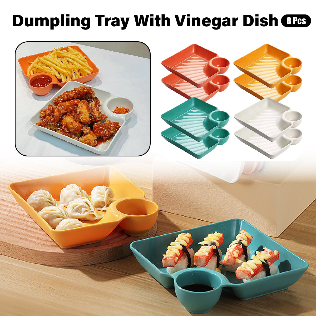 8X Large Square Dumpling Plate with Vinegar Dish PP Tray Dinner
