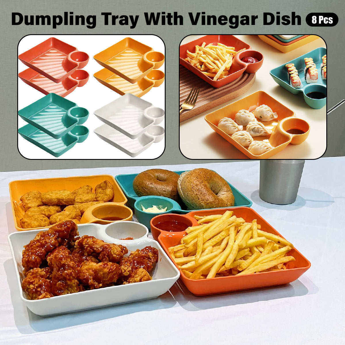 8X Large Square Dumpling Plate with Vinegar Dish PP Tray Dinner