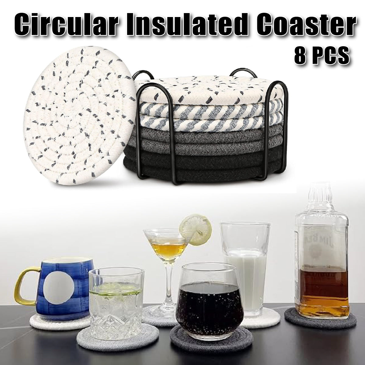 8pcs Woven Cotton Rope Coaster Set With Storage Rack for Coffee Tea