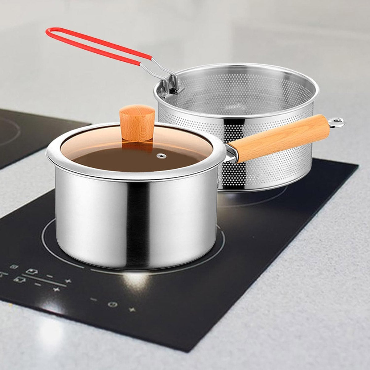 Stainless Steel Small Deep Fryer Pot With Basket and Lid for Kitchen