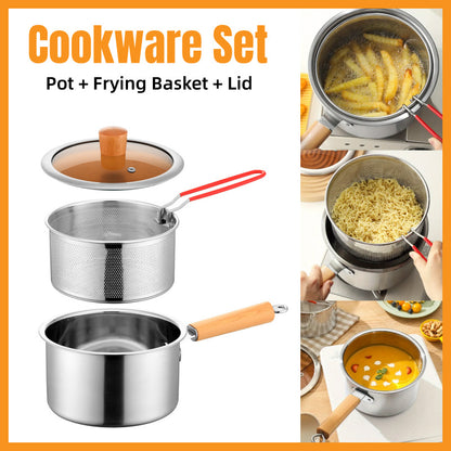 Stainless Steel Small Deep Fryer Pot With Basket and Lid for Kitchen