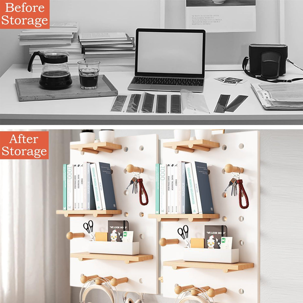 Wall Mounted Pegboard Shelf with Wooden Hooks – Product View 10