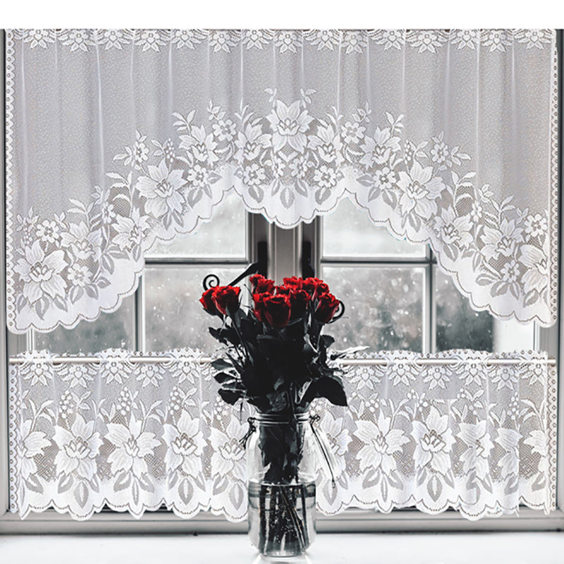 2PCS/Set White Lace Kitchen Home Window Cafe Curtain w Scallope Edge 160cm Wide