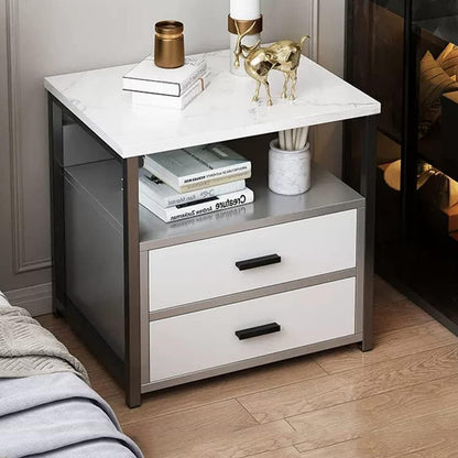 Marble-Look Bedside Table with Two Drawers Metal Frame