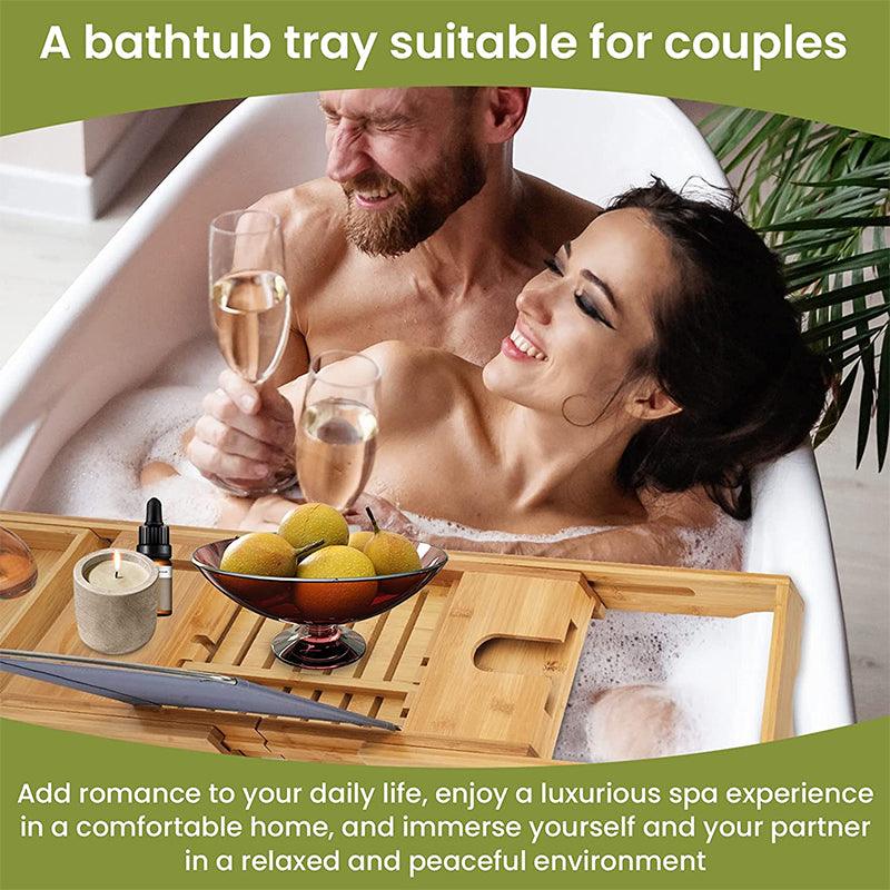Expandable Bamboo Bath Caddy Tray with Book and Wine Holder