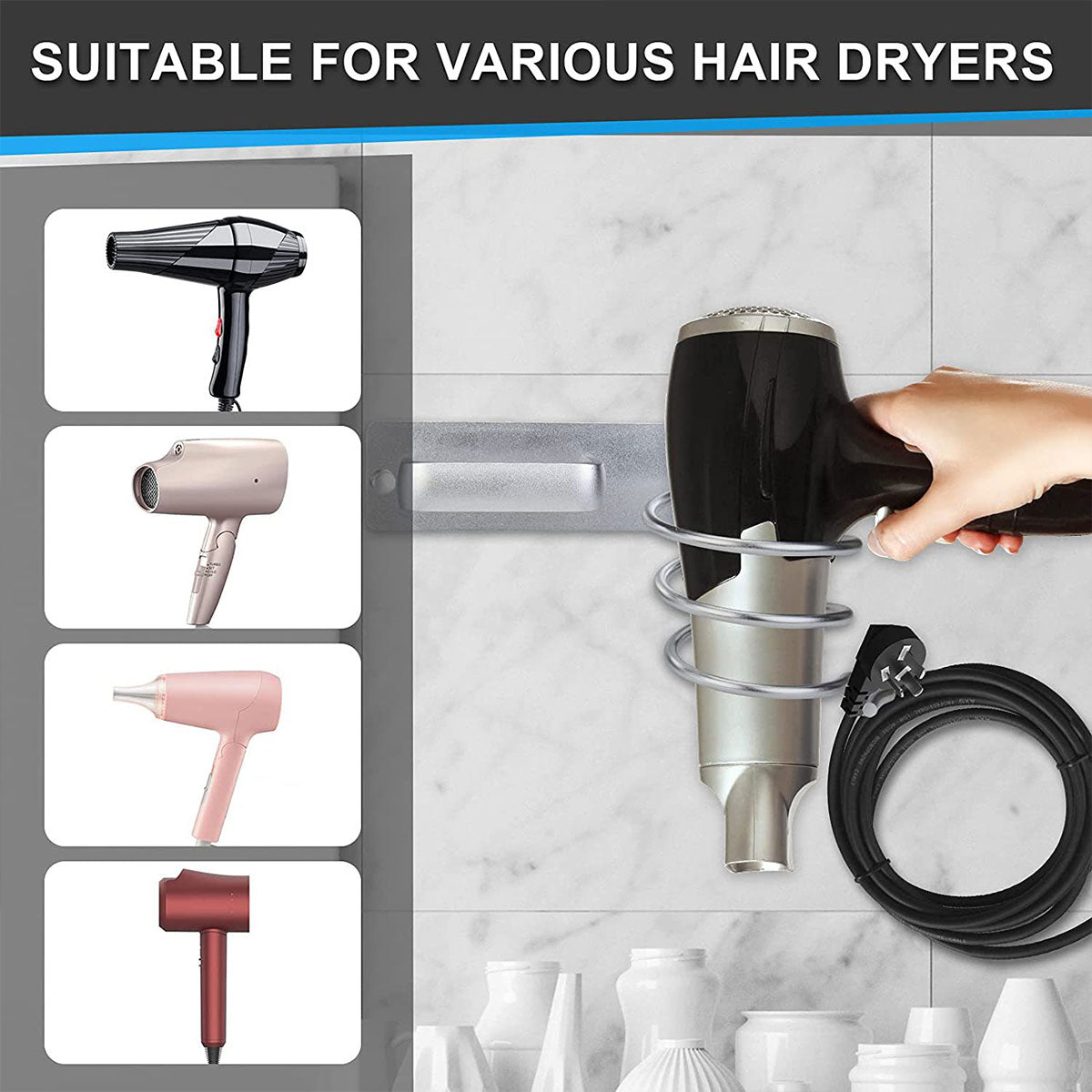 Wall Mounted Hair Dryer Holder Bathroom Storage Rack Curling Iron Organizer AU