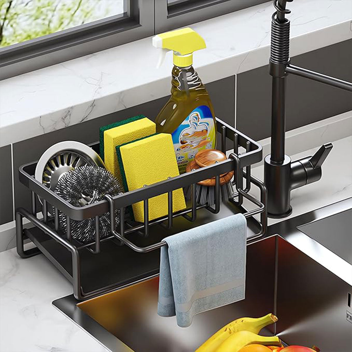 Kitchen Sink Caddy Storage Organizer Steel Sponge Soap Brush Holder Faucet Rack