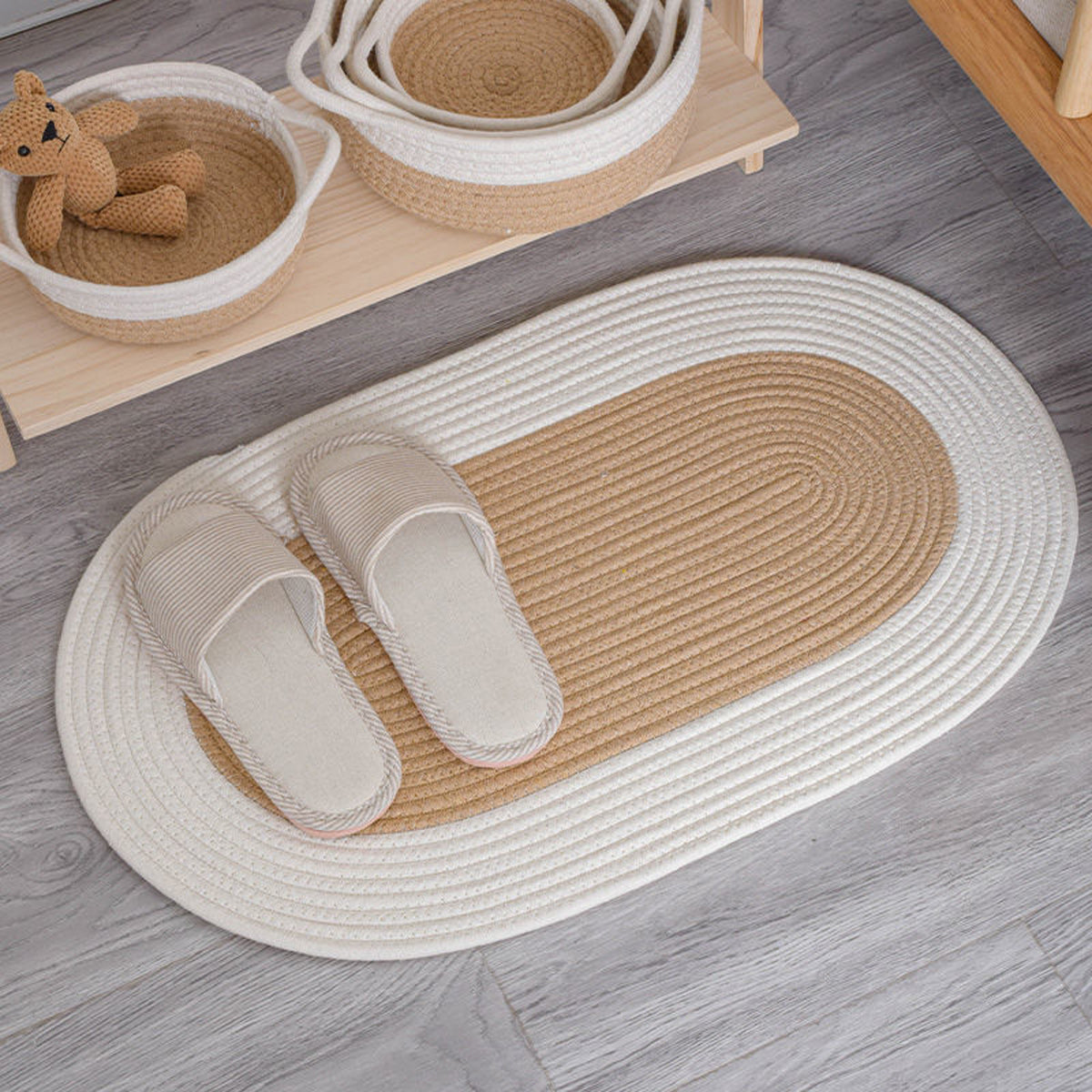 Oval Cotton Floor Mat Non-Slip Washable Bedroom Rug
