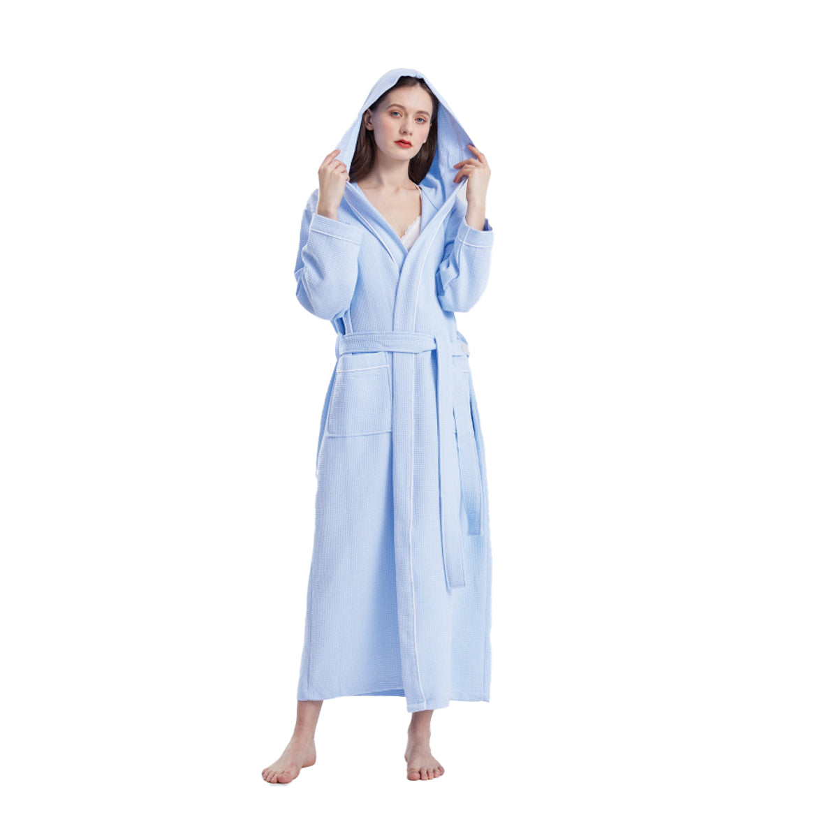 Hooded Cotton Waffle Bathrobe Hotel Long Quick Dry – Product View 12
