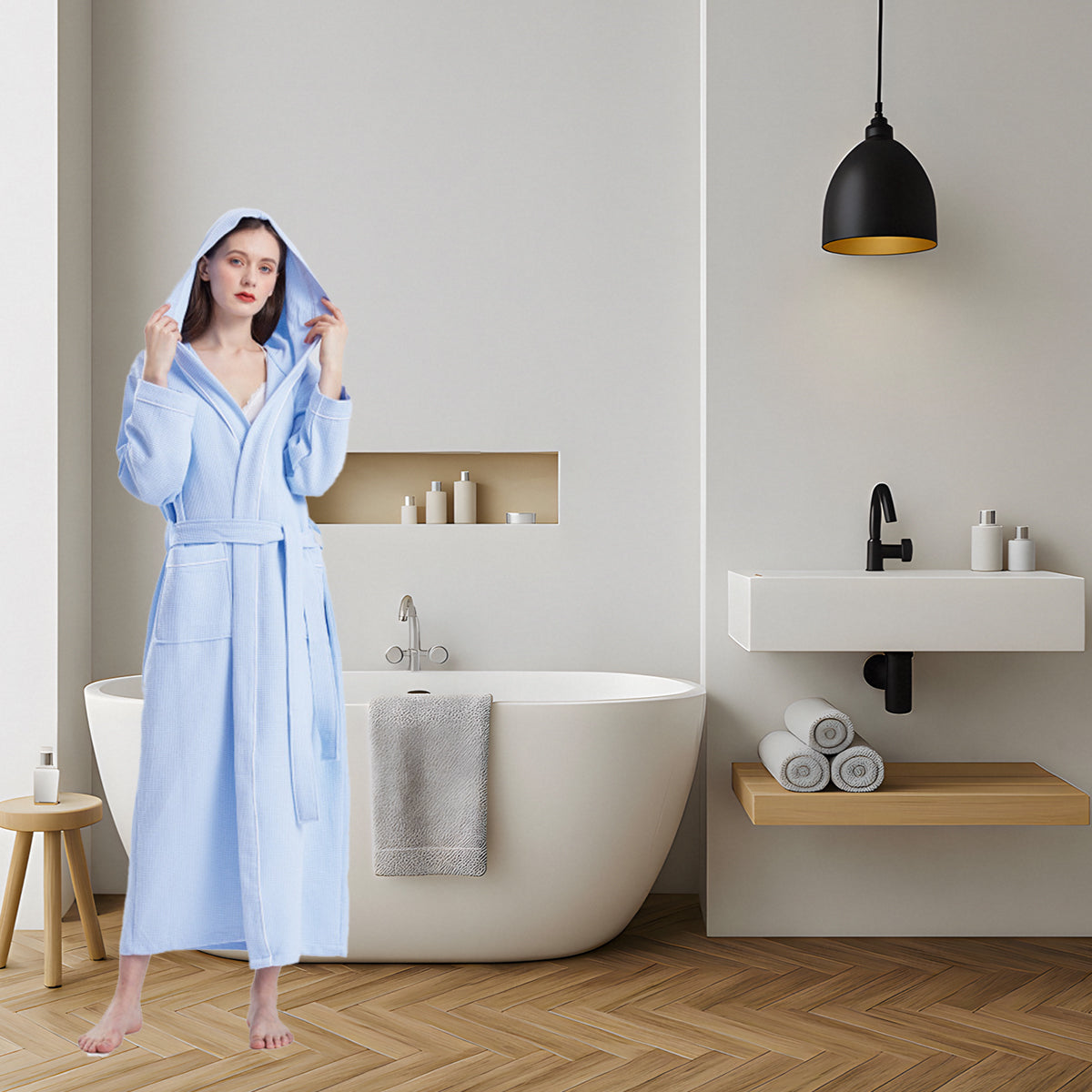 Hooded Cotton Waffle Bathrobe Hotel Long Quick Dry Unisex