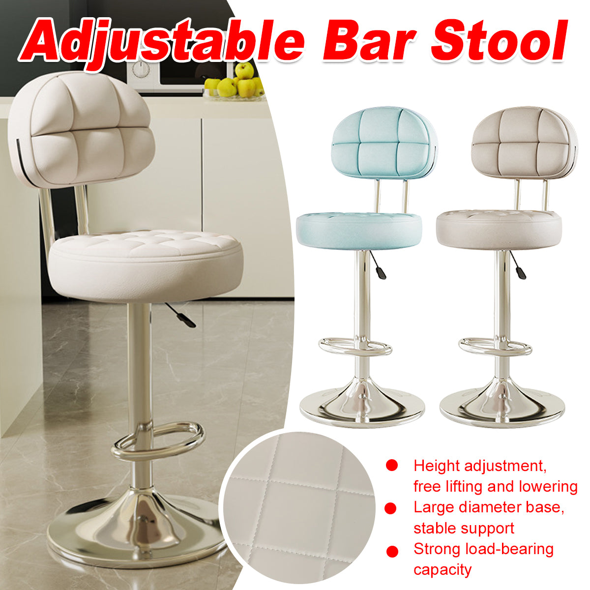 Adjustable Bar Stool with Back Height 61-81cm Anti-Slip