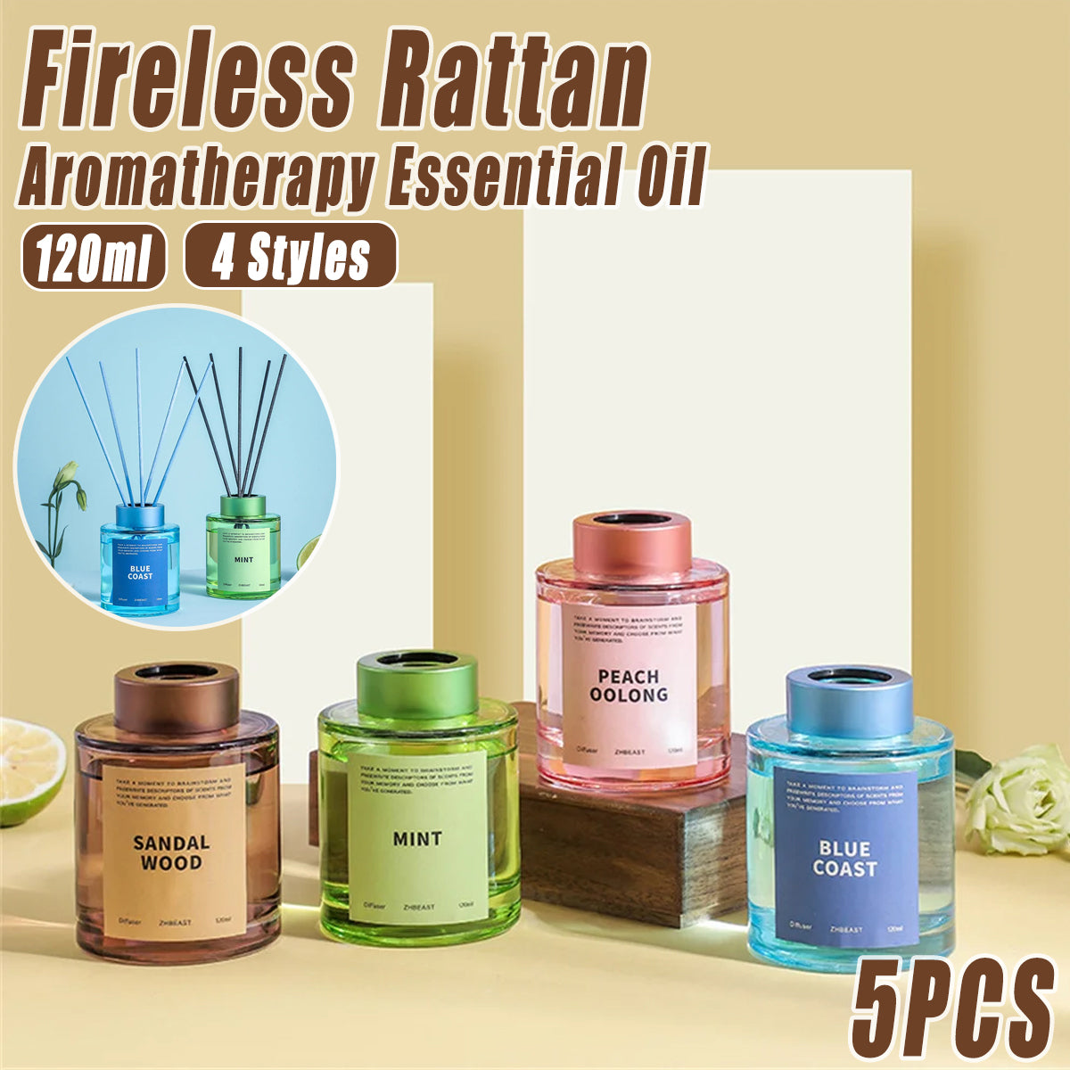 5 Pcs 120ml Scented Reed Diffuser Set Flame-Free Rattan