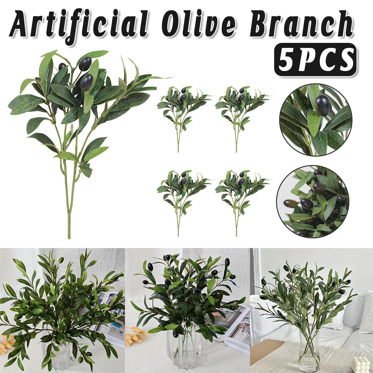 5PCS Artificial Olive Branch Greenery Fake Olive Leave with Fruit for Home Decor