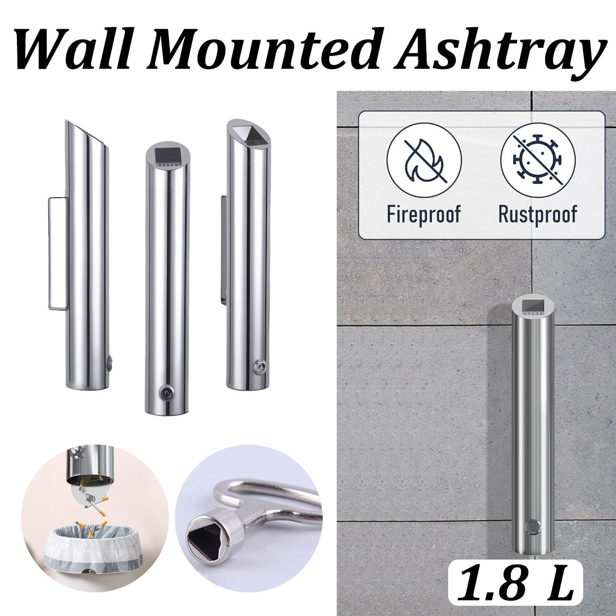 Wall Mounted Ashtray Stainless Steel 1.8L Floor Standing Vertical Trash Bin AU