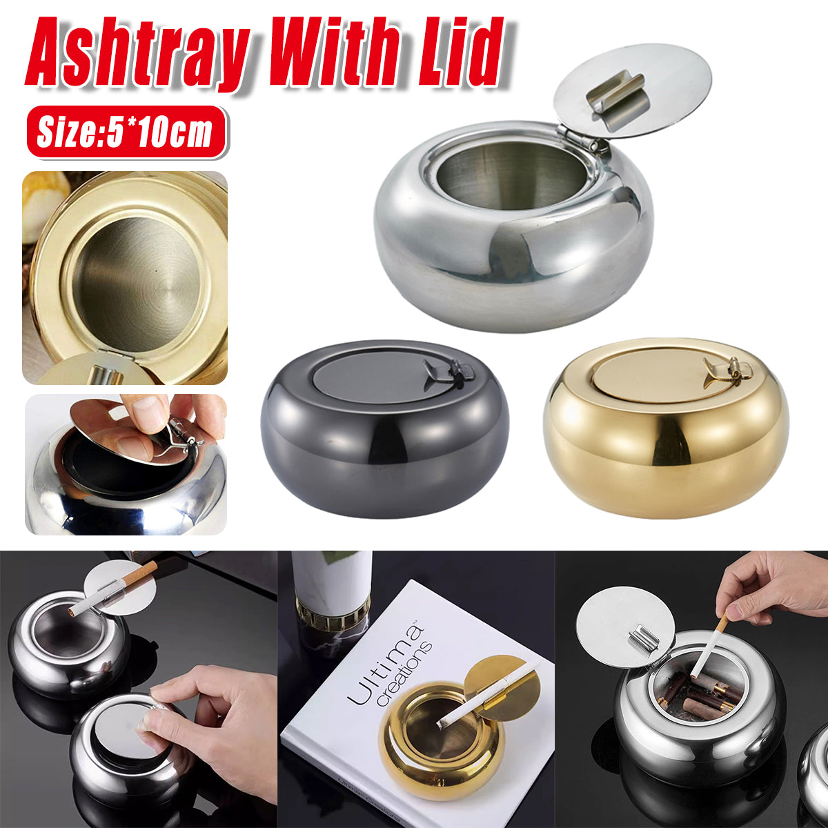 Stainless Steel Ashtray with Cover Smokeless Drum Design Windproof Ash Tray AU
